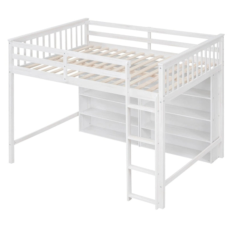 Cama alta completa con estantes de almacenamiento, estructura de cama alta de madera con estantería, cama alta con escalera para niños y adolescentes
