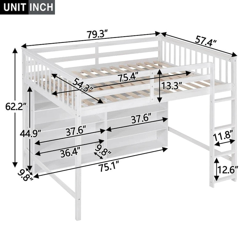Cama alta completa con estantes de almacenamiento, estructura de cama alta de madera con estantería, cama alta con escalera para niños y adolescentes