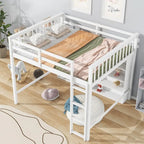 Cama alta completa con estantes de almacenamiento, estructura de cama alta de madera con estantería, cama alta con escalera para niños y adolescentes