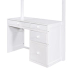Cama alta individual de madera maciza blanca, equipada con escaleras y escritorio integrado, con estantes y múltiples cajones de almacenamiento