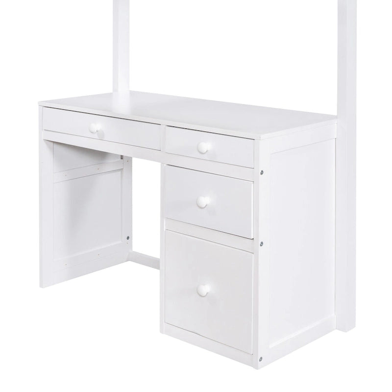 Cama alta individual de madera maciza blanca, equipada con escaleras y escritorio integrado, con estantes y múltiples cajones de almacenamiento