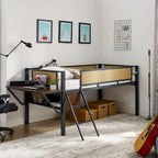Cama alta metálica individual con escritorio rectangular, luces LED y estantes de almacenamiento