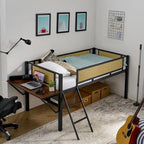 Cama alta metálica individual con escritorio rectangular, luces LED y estantes de almacenamiento