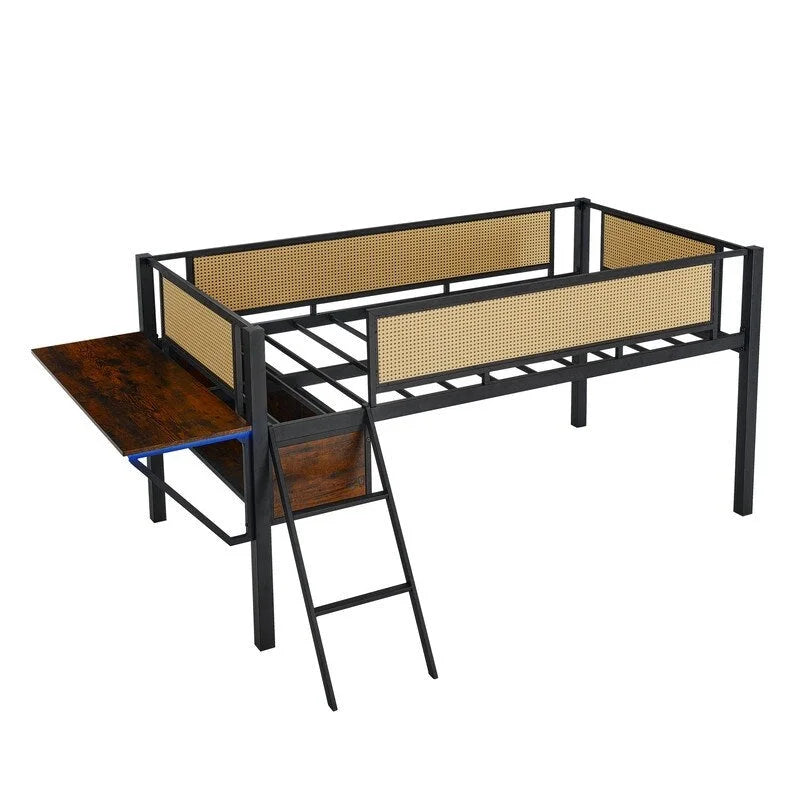 Cama alta metálica individual con escritorio rectangular, luces LED y estantes de almacenamiento