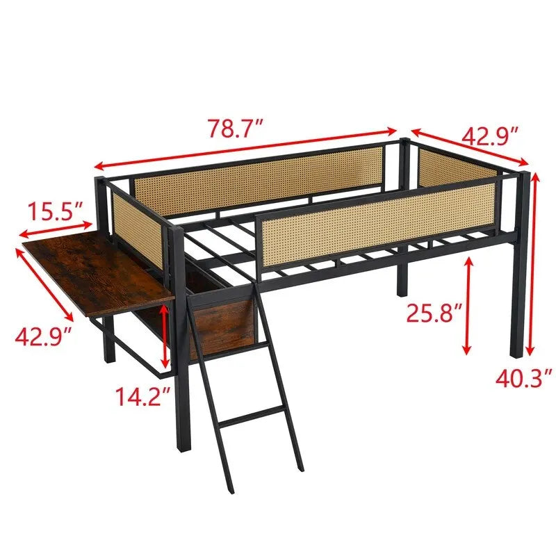 Cama alta metálica individual con escritorio rectangular, luces LED y estantes de almacenamiento