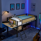 Cama alta metálica individual con escritorio rectangular, luces LED y estantes de almacenamiento