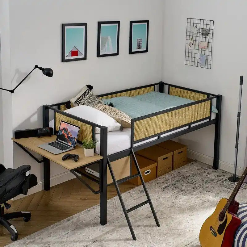 Cama alta metálica individual con escritorio rectangular, luces LED y estantes de almacenamiento