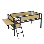 Cama alta metálica individual con escritorio rectangular, luces LED y estantes de almacenamiento