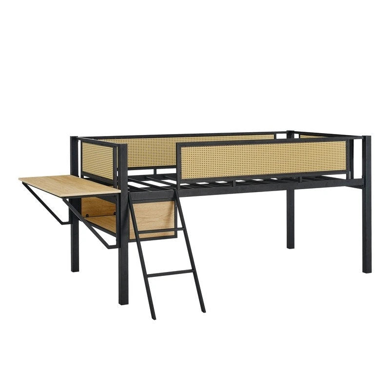Cama alta metálica individual con escritorio rectangular, luces LED y estantes de almacenamiento