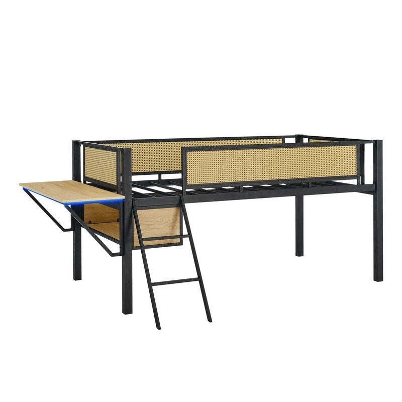 Cama alta metálica individual con escritorio rectangular, luces LED y estantes de almacenamiento