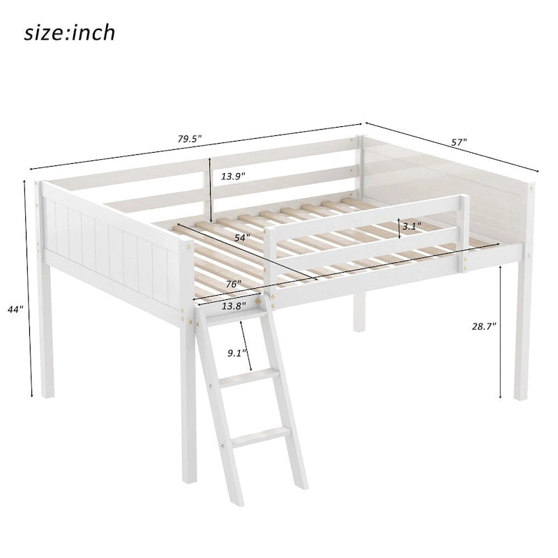 Cama tipo loft baja de madera con escalera, la escalera se puede colocar a la izquierda o a la derecha
