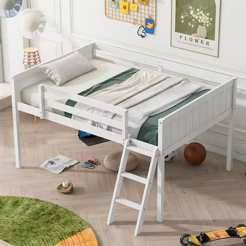 Cama tipo loft baja de madera con escalera, la escalera se puede colocar a la izquierda o a la derecha