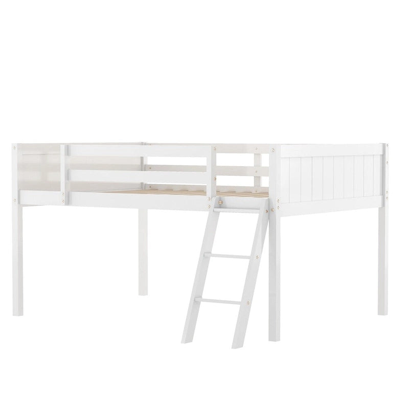 Cama tipo loft baja de madera con escalera, la escalera se puede colocar a la izquierda o a la derecha