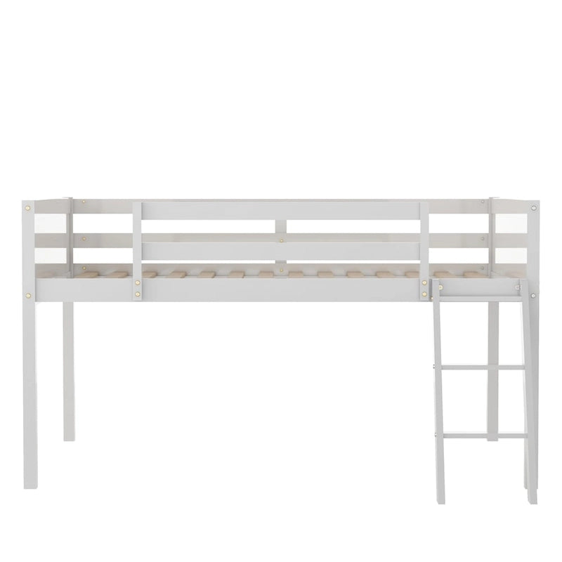 Cama tipo loft baja de madera con escalera, la escalera se puede colocar a la izquierda o a la derecha