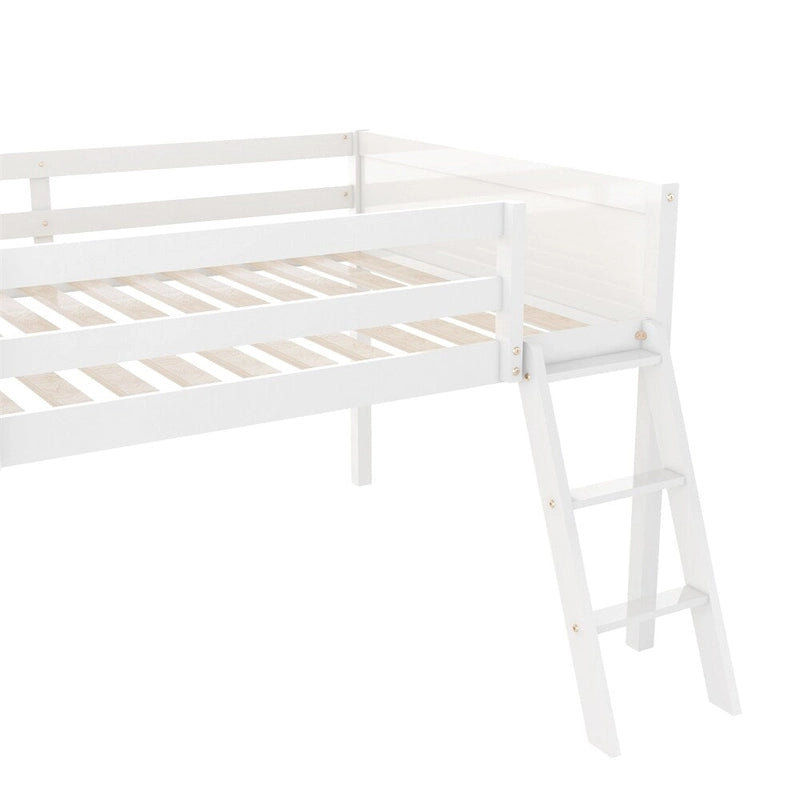 Cama tipo loft baja de madera con escalera, la escalera se puede colocar a la izquierda o a la derecha