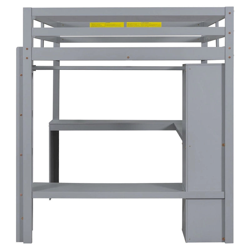 Full Size Wooden Loft Bed with L-shaped Desk, Wardrobe and Storage Shelves