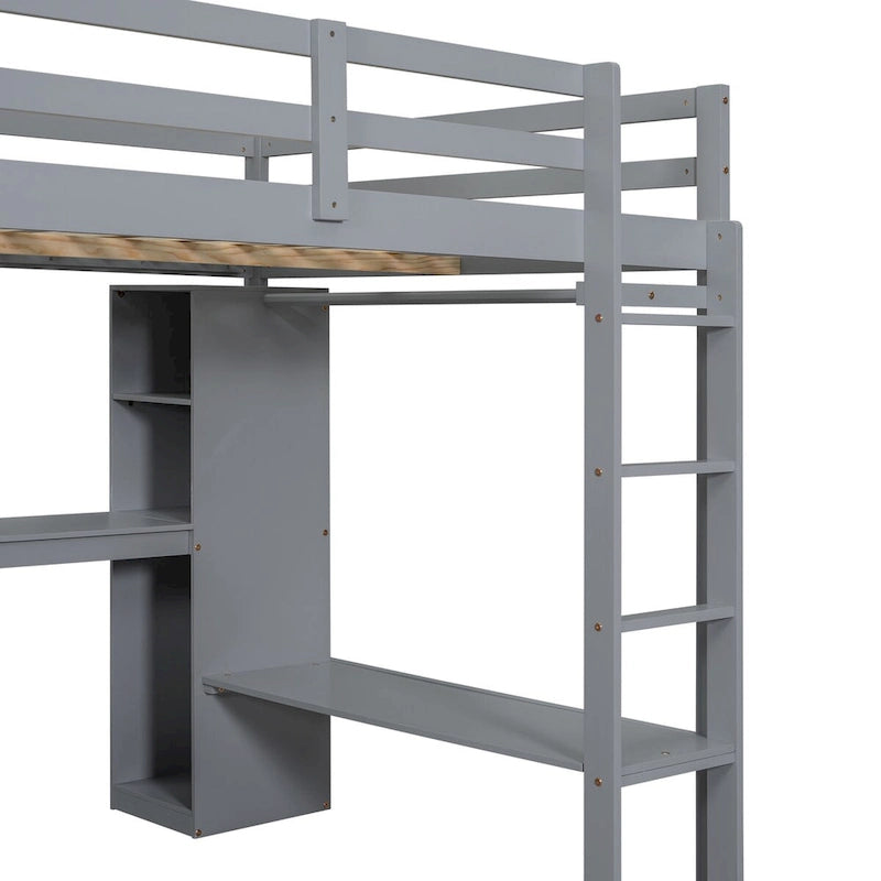 Cama alta de madera de tamaño completo con escritorio en L, armario y estantes de almacenamiento