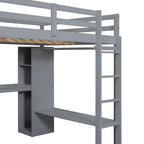 Cama alta de madera de tamaño completo con escritorio en L, armario y estantes de almacenamiento