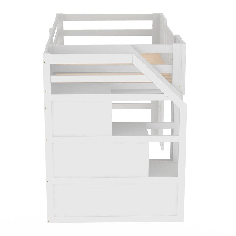 Cama alta individual con escalera de almacenamiento y ventana