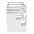 Cama alta individual con escalera de almacenamiento y ventana
