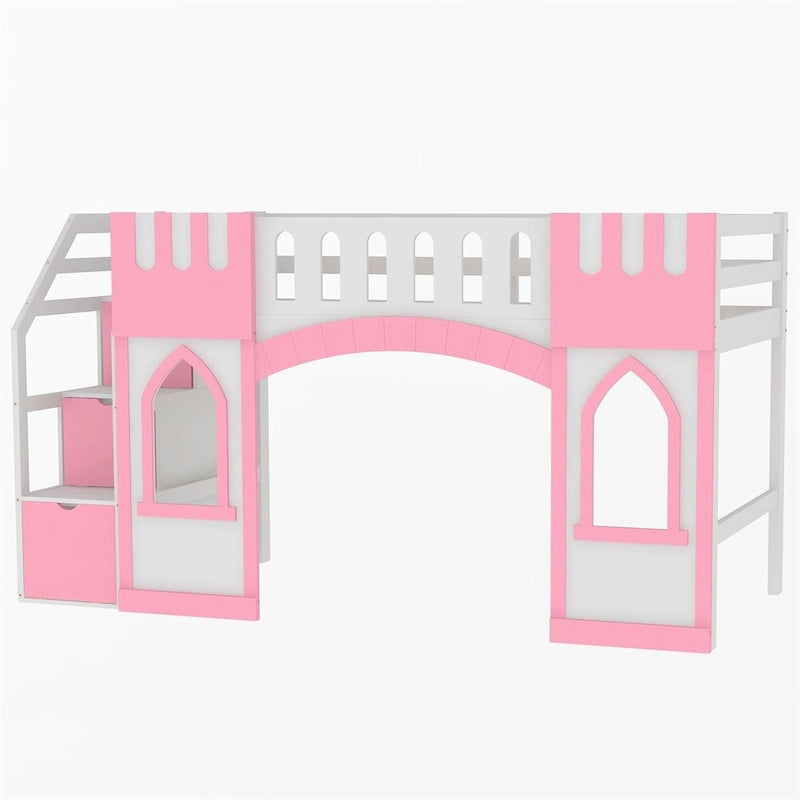 Cama alta individual con escalera de almacenamiento y ventana
