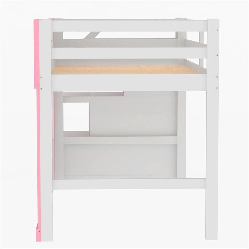 Cama alta individual con escalera de almacenamiento y ventana