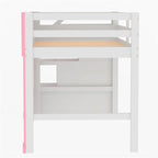 Cama alta individual con escalera de almacenamiento y ventana