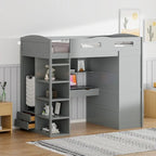 Cama alta individual con escritorio, armarios, 4 cajones y 4 estantes