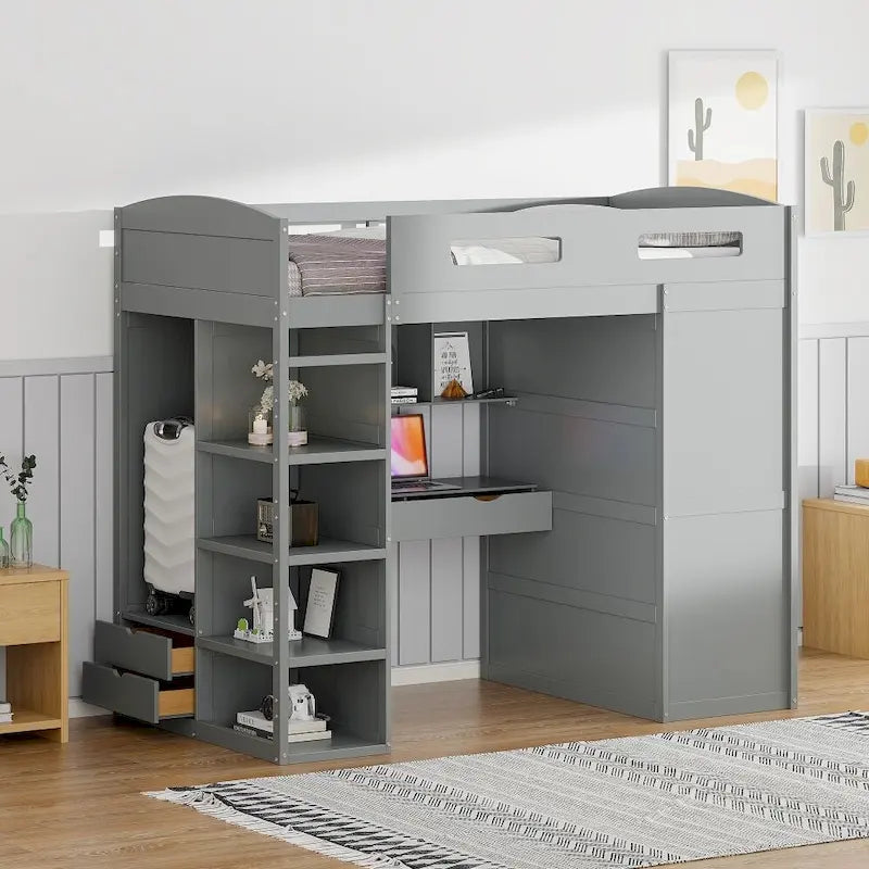 Cama alta individual con escritorio, armarios, 4 cajones y 4 estantes