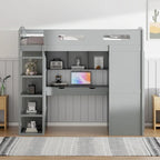 Cama alta individual con escritorio, armarios, 4 cajones y 4 estantes
