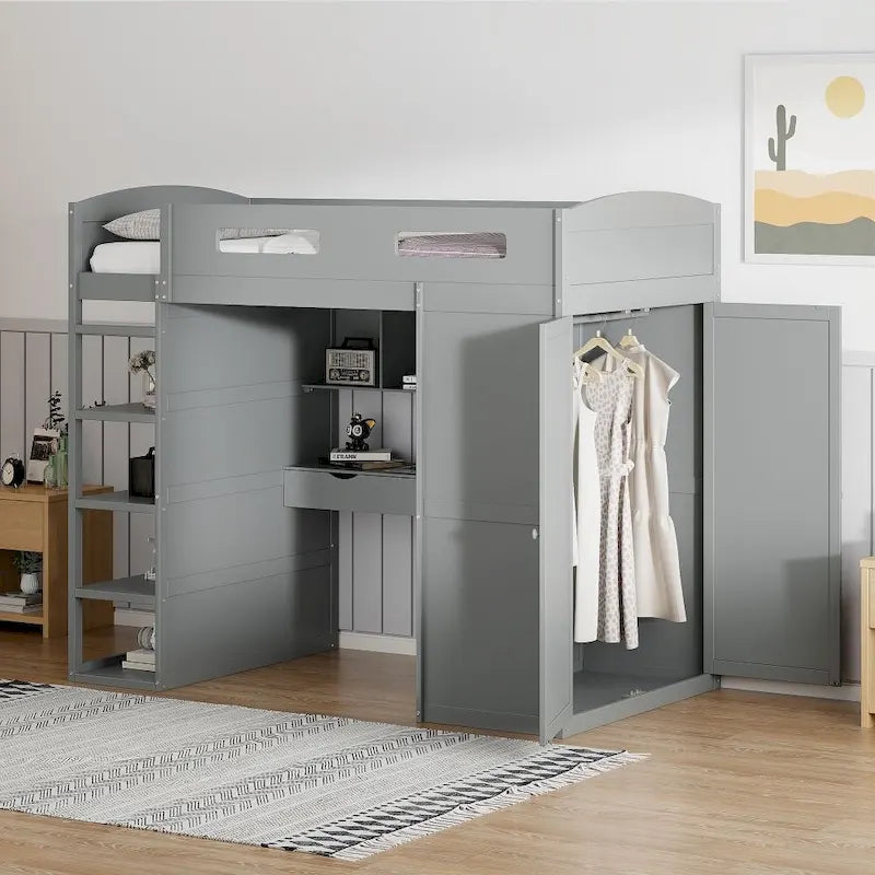 Cama alta individual con escritorio, armarios, 4 cajones y 4 estantes