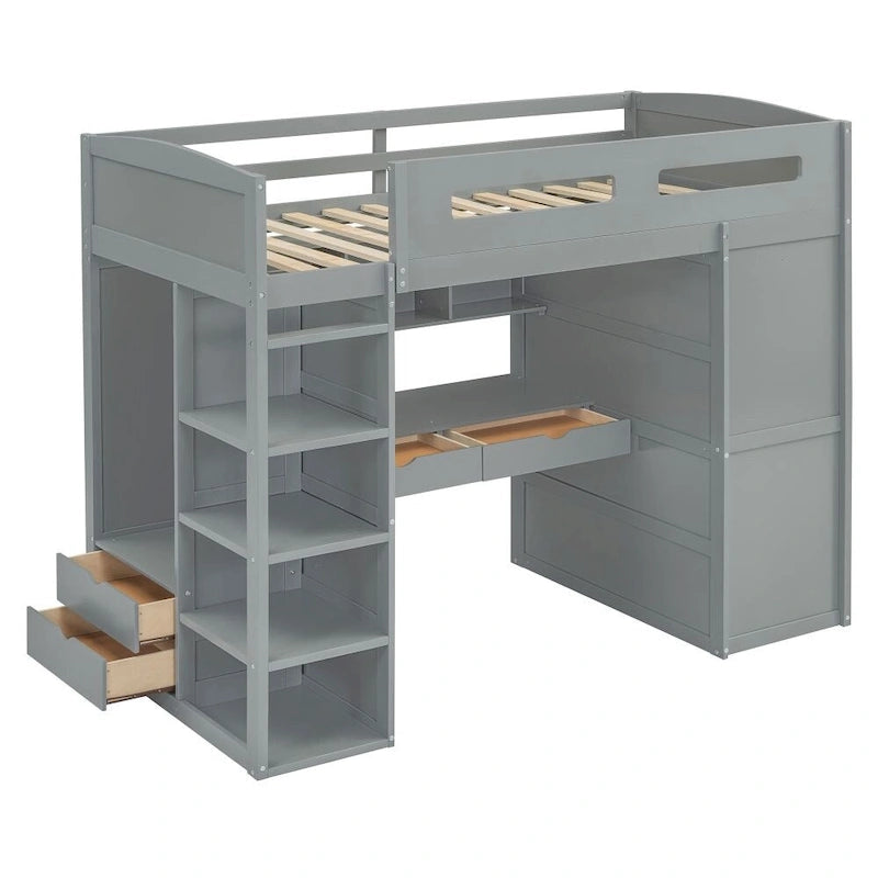 Cama alta individual con escritorio, armarios, 4 cajones y 4 estantes
