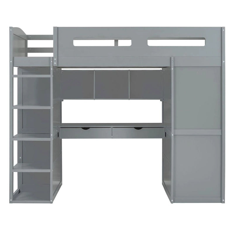 Cama alta individual con escritorio, armarios, 4 cajones y 4 estantes