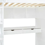 Cama alta individual con escritorio, armarios, 4 cajones y 4 estantes