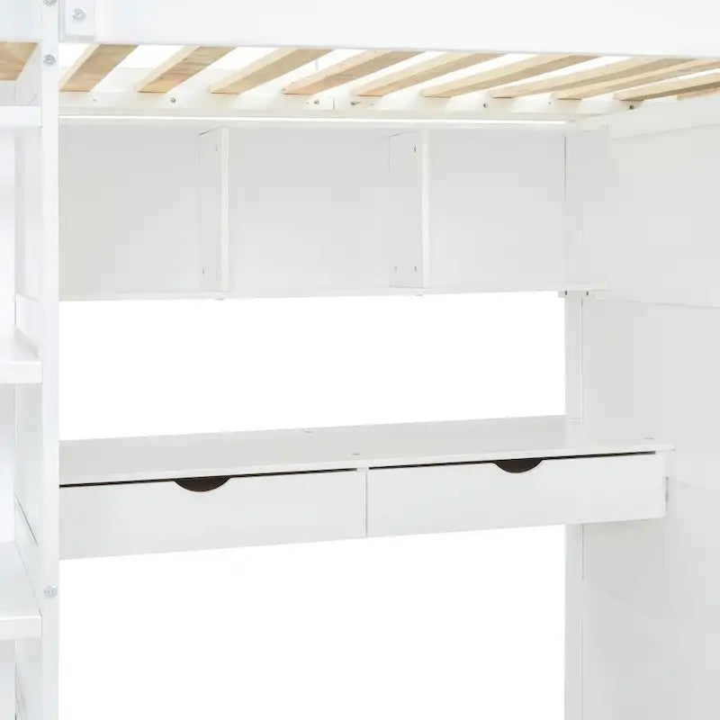 Cama alta individual con escritorio, armarios, 4 cajones y 4 estantes