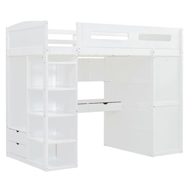 Cama alta individual con escritorio, armarios, 4 cajones y 4 estantes